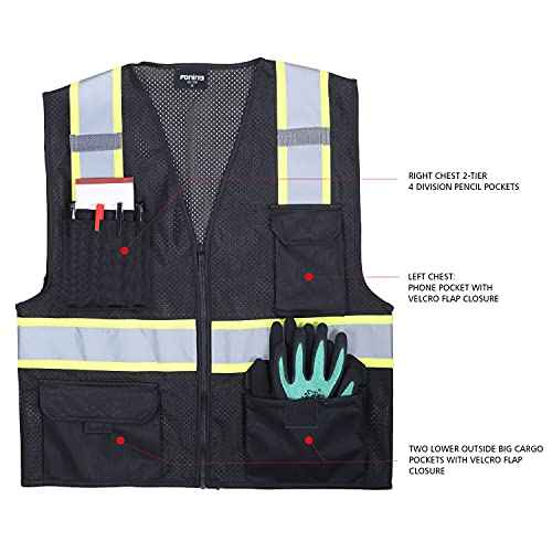 FONIRRA Safety Vest for Men High Visibility Reflective Construction Work Vest ANSI Class 2 with Pockets and Zipper(Black,XL)