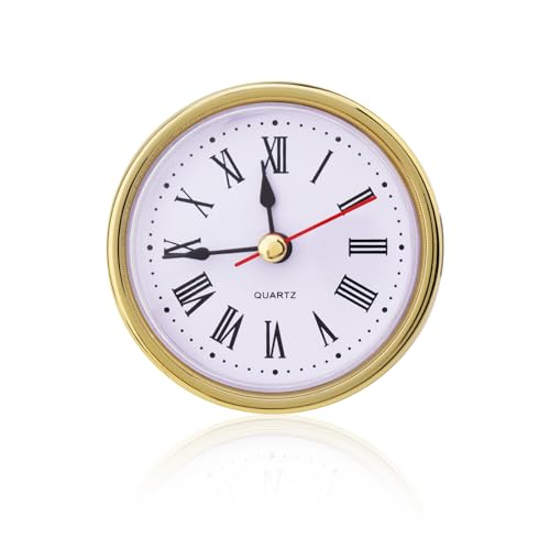 MovFlax Mini Round Quartz Clock Insert 2-1/2 Inch Gold Roman Numerals - Vintage Style Replacement Face