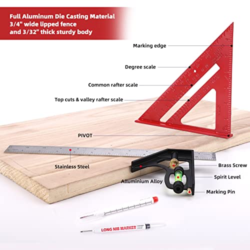 LARMEIL Red 12 Inch Combination Square Set with Bubble Level, Rafter/Framing Square