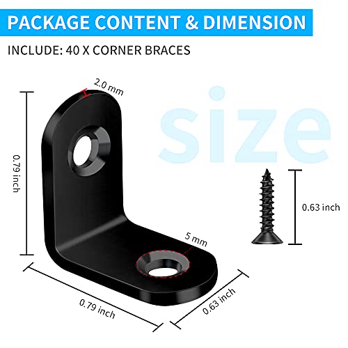 FATLODA Black 20mm Stainless Steel L Corner Brace Set 40PCS with Screws