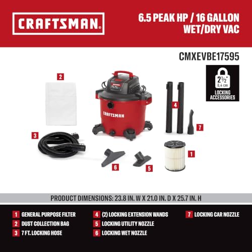 CRAFTSMAN 16 Gal Wet Dry Shop Vacuum 6.5 Peak HP with Filter, Dust Bag, Hose