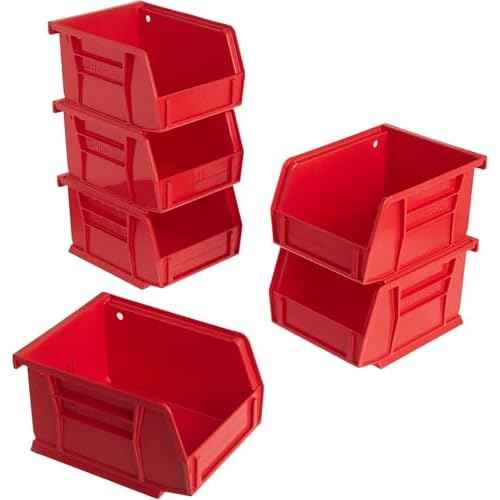 Akro-Mils 30210 AkroBins Plastic Storage Bins, Space-Saving Stackable Bins for Garage, Pantry, Craft Organization, 5-Inch x 4-Inch x 3-Inch, Red, 6-Pack