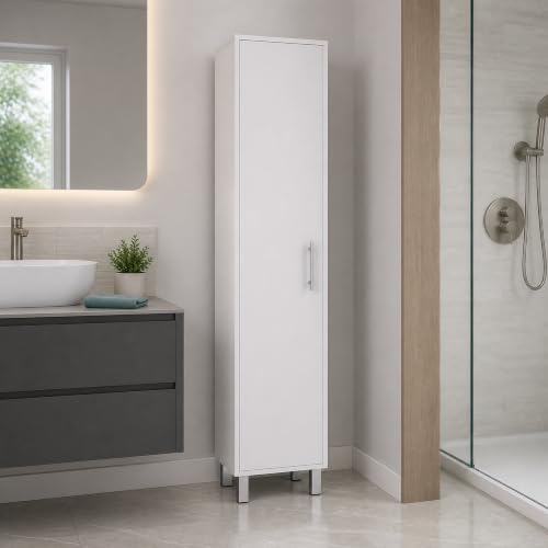 FUCIHOMA White Tall Slim Storage Cabinet with 3 Broom Hangers, 5 Shelves, Modern Melamine Finish