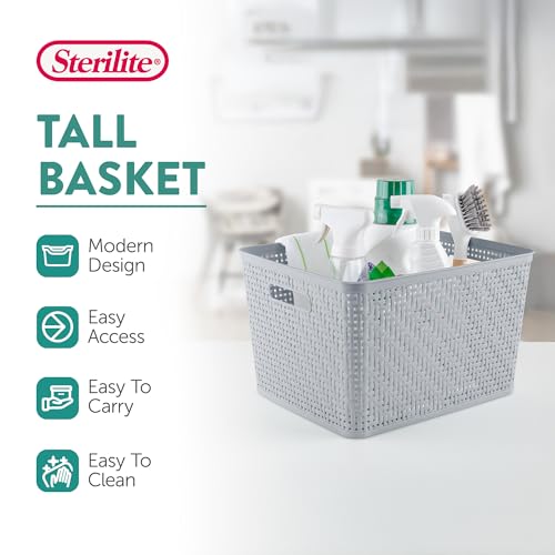Sterilite Tall Woven Plastic Storage Basket 14 x 11.5 x 8.5 in (Cement) - 6 Pack - Large