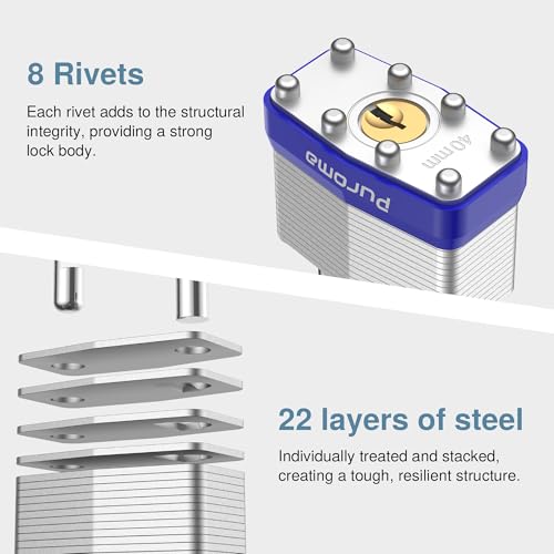 Puroma Lock 6 Pack Padlocks, 2¡± Long Shackle Heavy-Duty Locks with 2 Keys, 40mm Hardened Steel Keyed Alike Padlocks for Sheds, Gates, Fences, Toolbox, Outdoor and Indoor Use£¨Silver£©