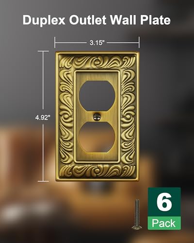 Treewell 6-Pack Antique Brass Paisley Pattern Metal Outlet Cover Plates - Double Duplex Switch Plate