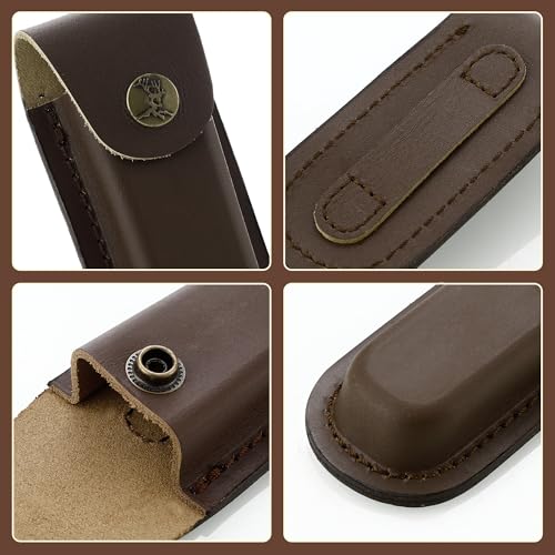 Leather Pocket Knife Sheath, 4'' Pocket Knife Pouch, Folding Knife Belt Sheath with Snap Closure and Vertical Carry Belt Loop, Knife Holster for Outdoor or Daily Use, Medium Size, Brown