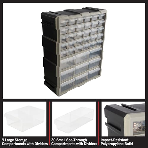 Stalwart 39-Drawer Plastic Small Parts Organizer, Black – 9 large & 30 small drawers