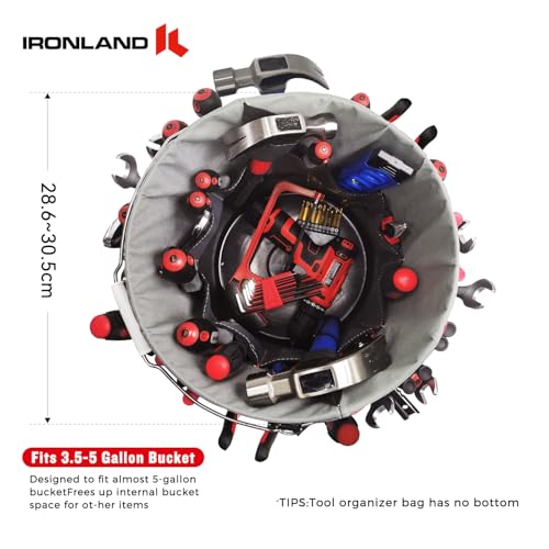 IRONLAND Bucket Tool Organizer for 3.5-5 Gallon Buckets, 51 Pockets, Red (Medium)
