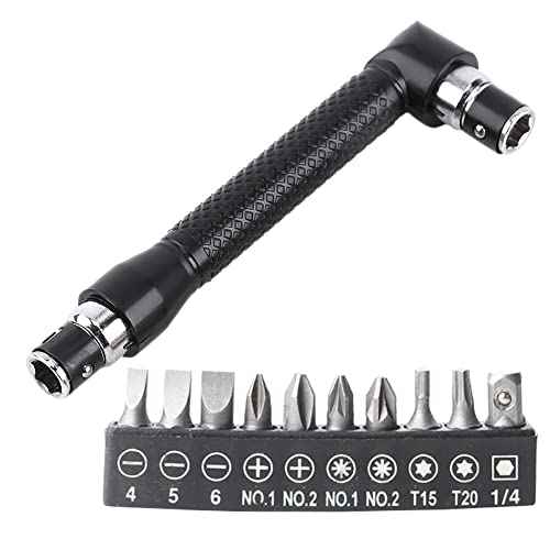 Double-Headed L-Shaped Socket 1/4 Inch Hex Socket Wrench 90 Degree Right Angle Screwdriver Adapter with 10Pcs Various Angled Screwdriver Bits Tool