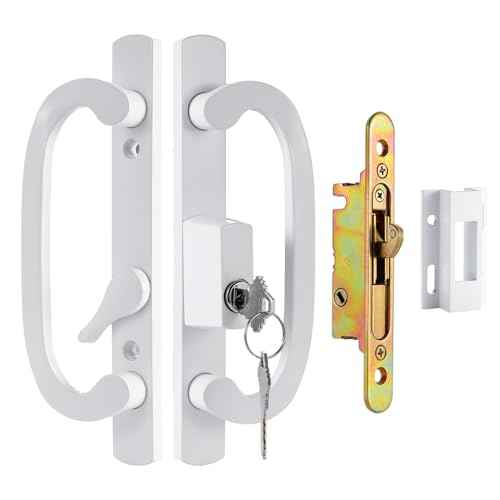 Keyed Sliding Patio Door Handleset, 45¡Æ Keyway, 3-15/16" H.C., Fits 1-3/8" to 2" Thick Doors, Non-Handed, White Diecast, Offset Position with Mortise Lock and Keeper£üOff Center Thumb Latch