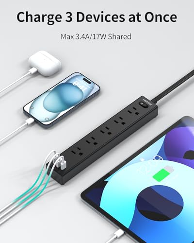 6Ft Surge Protector Power Strip with 1700J, 5AC & 3 USB-C Outlets, Black, Flat Plug Extension Cord