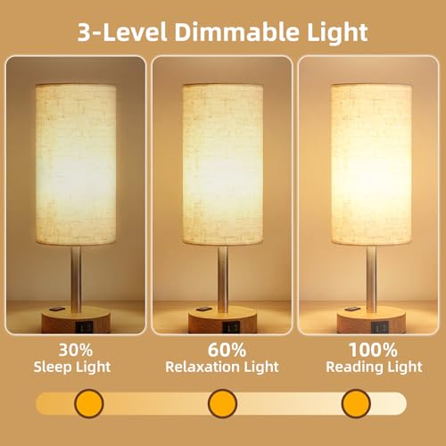 Fitfull Warm Wooden Touch Bedside Table Lamp with USB-C & AC Outlet - Model: Warm&Wooden / 1
