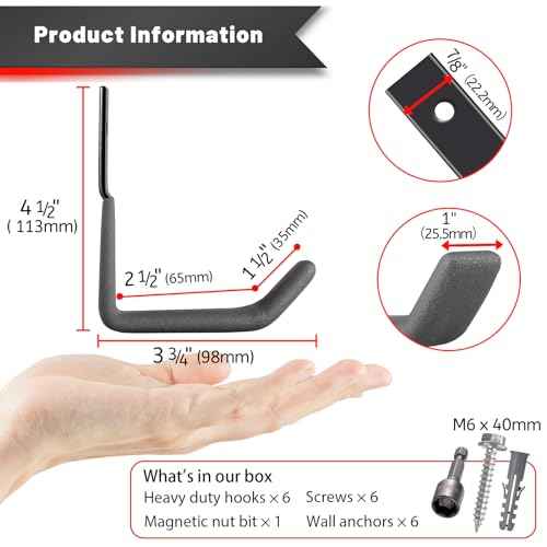 Garage Hooks for Hanging Heavy Duty, Ladder Hooks for Garage Wall Hanger, Metal J Utility Hooks, Shovel Holder Wall Mount Hooks, Garden Tool Organizer Storage for Helmet, Backpack-6Pack