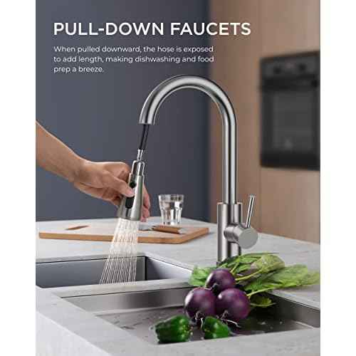 FORIOUS Kitchen Faucets with Pull Down Sprayer, Brushed Nickel, High Arc Single Handle Classic Stainless Steel Sink Faucet 1 or 3 Hole, Suitable for Farmhouse Camper Laundry Rv Bar