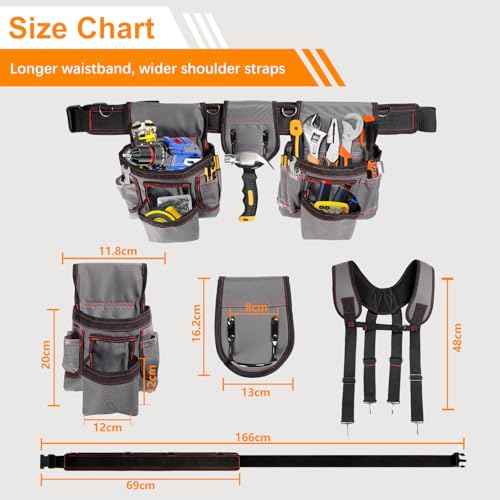 Tool Belt with Suspenders, Professional Tool Belt for Men, 18-Pocket Adjustable Heavy Duty Tool Organizer for Electrician, Carpenter, Framer, Construction Worker, Gray & Orange (32''?66'')