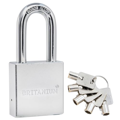 Britanium¢ç SFE60 Professional Grade Padlock - Chrome Plated Steel with Boron Alloy Shackle, 5 Tumbler Keys, Weather-Resistant Design for Storage & Commercial Security