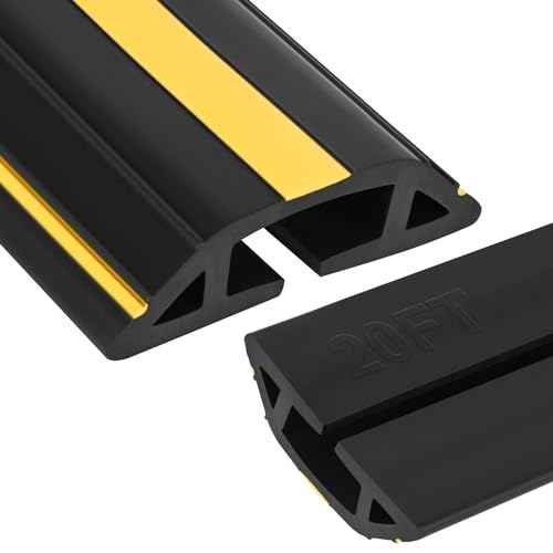 20Ft Cord Covers for Wires on Floor, 3-Channel Heavy Duty Floor Cord Cover with Anti-Slip Base & Yellow Warning Strips, Ideal for Home, Office, Outdoor Use(10Ft X 2 Rolls)