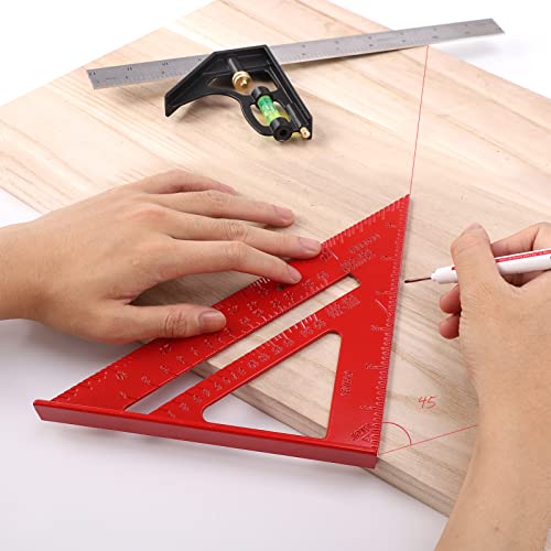 LARMEIL Red 12 Inch Combination Square Set with Bubble Level, Rafter/Framing Square