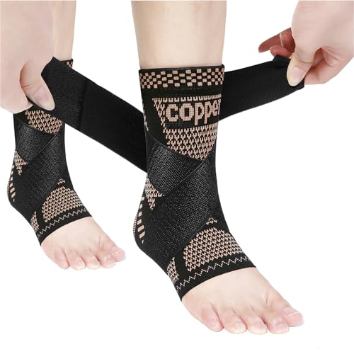 Copper Ankle Brace Copper Infused Support for Men & Women (Pair), Best Ankle Compression Sleeve Socks for Plantar Fasciitis, Sprained Ankle, Achilles Tendon, Pain Relief, Recovery
