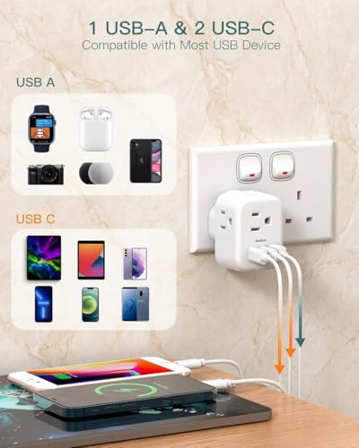 Addtam US to UK Travel Plug Adapter Type G with 3 Outlets, 2 USB-A & 1 USB-C