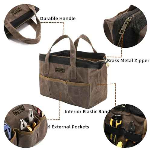 Tool Bag, 13-inch Heavy Duty 16oz Waxed Canvas Wide Mouth Water-Resistant Tool Bag, Tool Tote with Handle for Tools, Wrenches, Screwdrivers (13 X 7.8 X 9 inch) | Grey