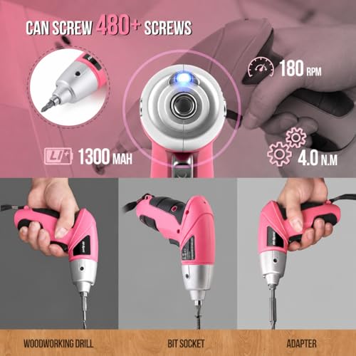 Hi-Spec Pink Mini Electric Screwdriver - Rechargeable Cordless Power Tool with 26 Bits for Home & DIY