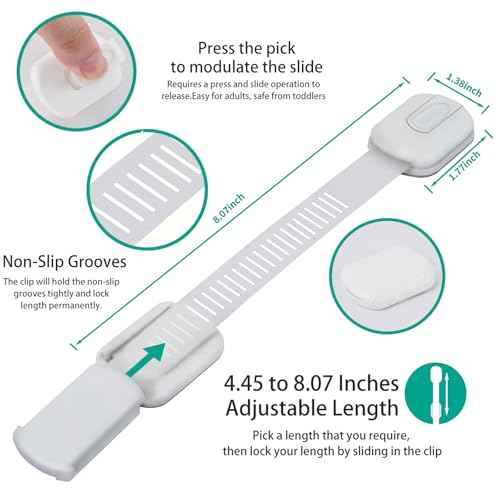 6 Pack Vmaisi Multi-Use Adhesive Straps Locks - Childproofing Baby Proofing Cabinet Latches for Drawers, Fridge, Dishwasher, Toilet Seat, Cupboard, Oven,Trash Can, No Drilling (White) (6)