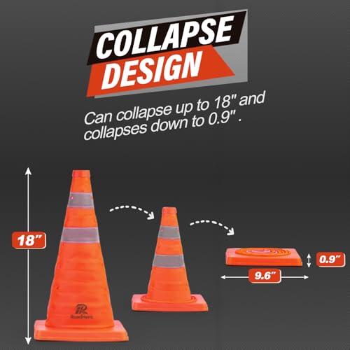 RoadHero 18 Inch Collapsible Traffic Cones Set of 4 with Storage Bag, Orange