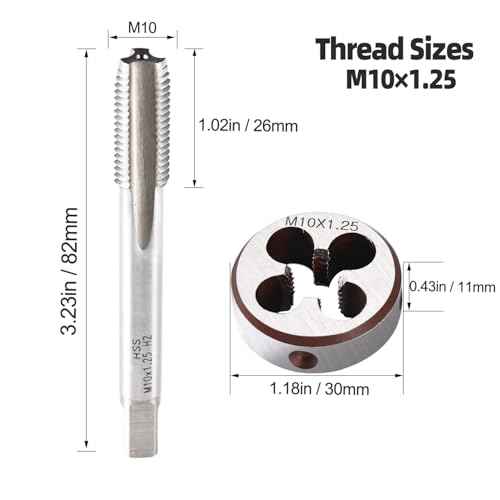 M10 x 1.25 Metric Thread Tap and Die Set, M10 x 1.25mm High-speed Steel Machine Tap Die Set Right Hand