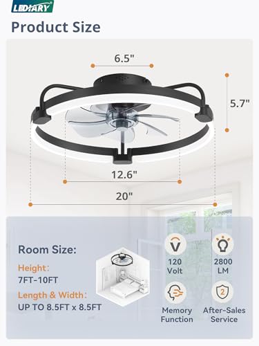 LEDIARY 20-Inch Black Ceiling Fan with Remote and Stepless Dimming
