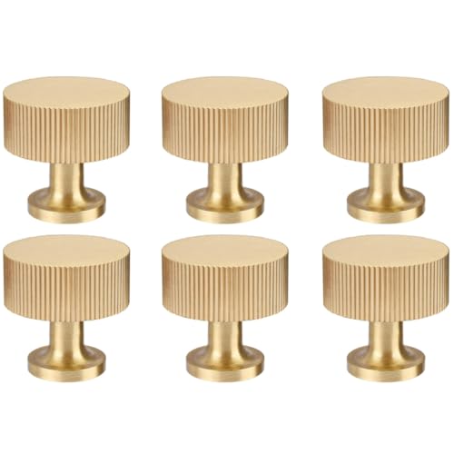 6 Pack 1 Inch Solid Brass Cabinet Knobs - Gold Brushed Finish Drawer Pulls