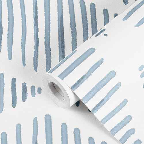 Blue and White Peel and Stick Wallpaper Modern Stripe Contact Paper 157¡± Boho Textured Geometric Self Adhesive Wallcovering Removable Vinyl Roll for Bedroom Cabinets Decor