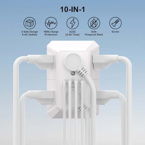 Teiobar White Wall Outlet Surge Protector with 6 Outlets & 4 USB Ports - Non-Night Light, 6-Outlets Version