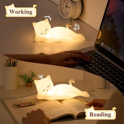 Mubarek Lying Cat Night Light - 16 Colors, 5 Dimming Touch & Remote, Rechargeable Silicone Cat Lamp, Cute Funny Gift for Kids & Adults