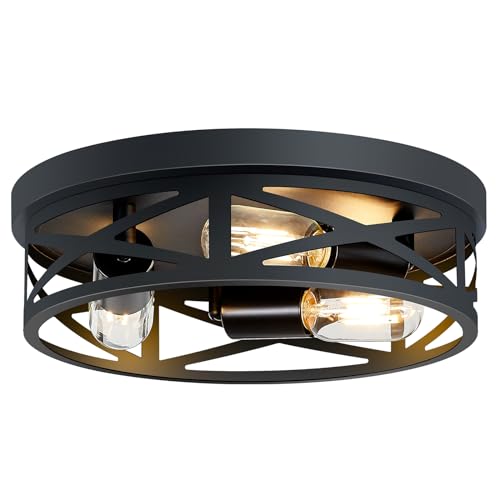 SKEJAO 13.1 Inch Black 3-Light Flush Mount Ceiling Light Fixture for Kitchen Hall Bathroom