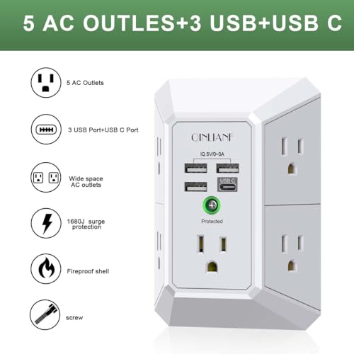 QINLIANF White Wall Surge Protector with 5 Outlets & 4 USB Ports - 3U1C