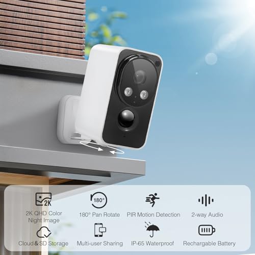 Security Cameras Wireless Outdoor, Pan Rotating 180¡Æ WiFi Cameras with 2K Color Night Vision Battery Powered Spotlight/Siren PIR Motion Detection 2-Way Talk Waterproof Cloud/SD Storage Cameras