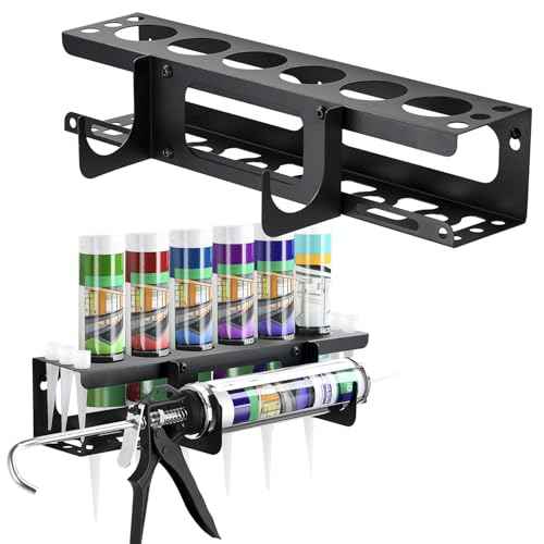 Caulking Gun and Tube Holder, Siligun Caulking Gun Rack, Caulk Tube Storage Organizer and Wall Mount Silicone Caulking Tools for Garage Workshop, Work Van, Service Truck (Black)