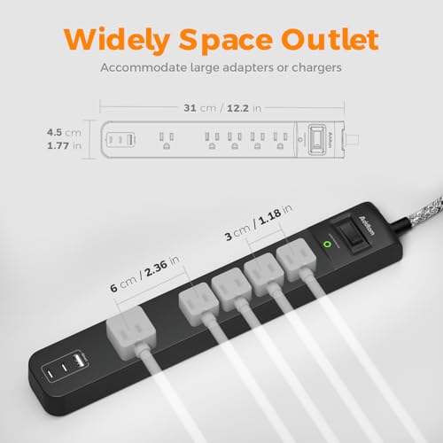 Addtam Black & Dark Gray 6Ft Power Strip Surge Protector with 5 Outlets & 3 USB Ports