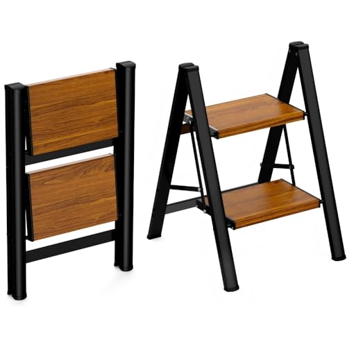 HBTower Black & Woodgrain 2-Step Folding Aluminum Ladder Stool