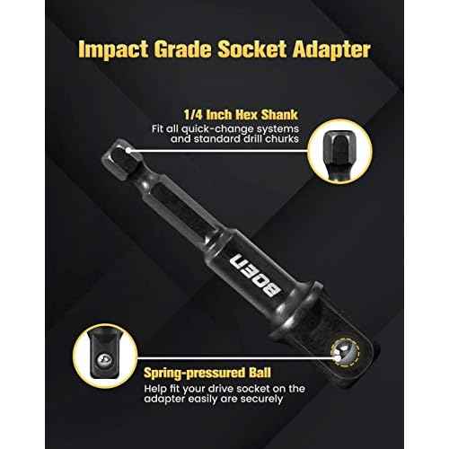 BOEN Impact Grade Socket Adapter Set, 3-PCS Drill Bit Adapter with Bit Holder, Sizes 1/4", 3/8", 1/2", 1/4-Inch SAE Hex Shank, Cr-V with Black Phosphate Finish