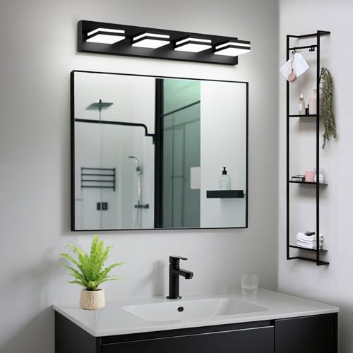 Black 4-Light Dimmable LED Bathroom Vanity Light Fixture, 360° Rotatable, Matte Acrylic Wall Mount - 24 Inch