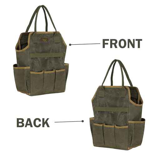 Tool Bag, Heavy Duty 16oz Waxed Canvas Garden Tool Tote - with 3 Inner Slots & 8 Outer Pockets, Multi-Purpose Gardening Tool Storage Bag for Gardener Florist Workshop - Army Green