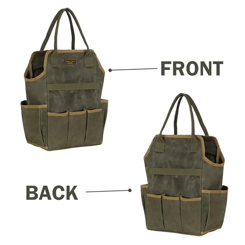 Tool Bag, Heavy Duty 16oz Waxed Canvas Garden Tool Tote - with 3 Inner Slots & 8 Outer Pockets, Multi-Purpose Gardening Tool Storage Bag for Gardener Florist Workshop - Army Green