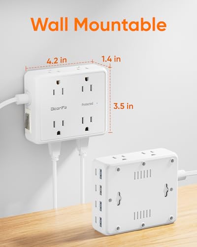 Olcorife 10 FT Flat Plug Power Strip with 8 Outlets & 8 USB Ports - 3 Sided Extension Cord for Home & Travel, White