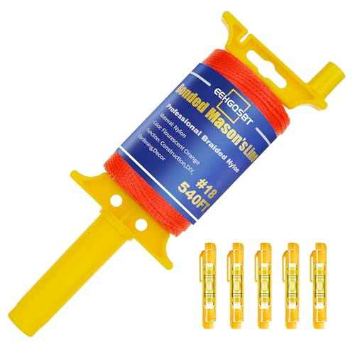 Mason Line String with Handle, 540FT #18 Braided Nylon String with Reloadable Line Reel and 5 Built-in Levels, Heavy-Duty Construction Twine for Masonry Gardening DIY Projects