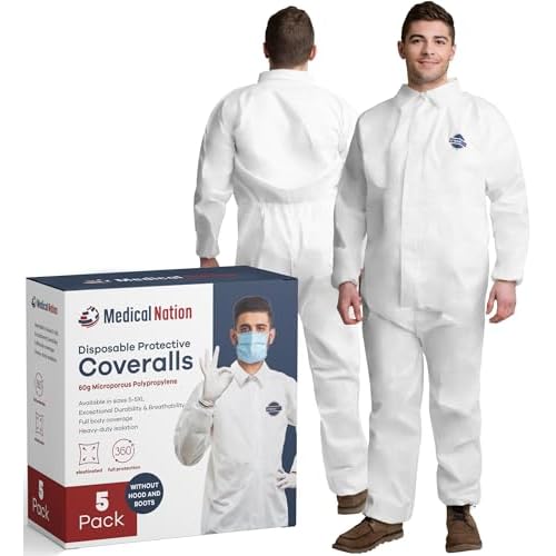Hazmat Suits Disposable | 5 Pack, Large | Non-Hooded Protective Coveralls - Heavy Duty Full Body Painters Suit for Men & Women Without Hood - Breathable & Water Resistant - Large