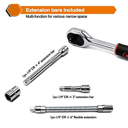 Egofine 46 Pieces 1/4 inch Drive Socket Ratchet Wrench Set, with Bit Socket Set Metric and Extension Bar for Auto Repairing and Household, with Storage Case