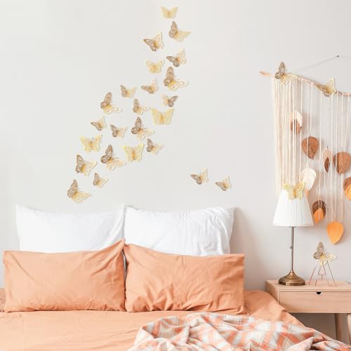 Crosize Gold Butterfly Wall Decorations - 72 Pcs, 3 Sizes & 3 Styles, Removable 3D Murals